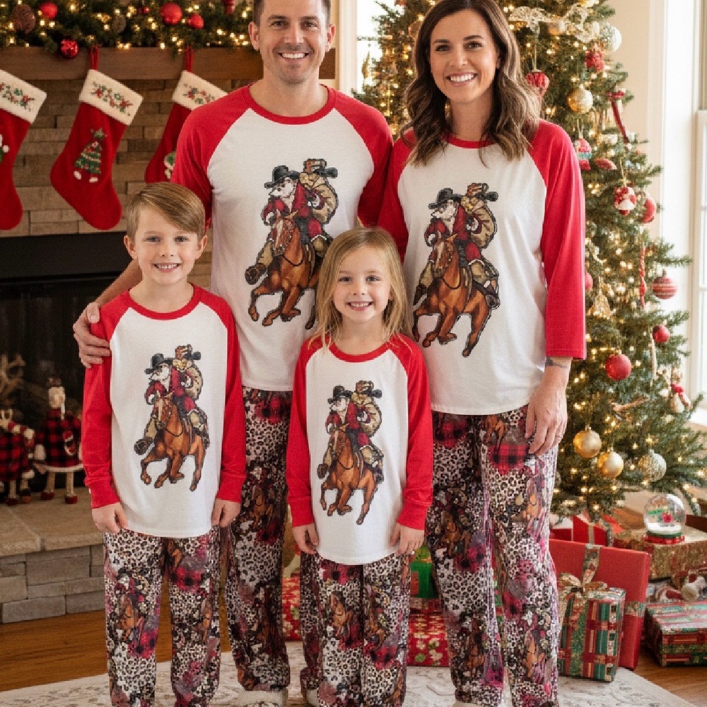 Cowboy Santa Pajamas, Matching family Christmas pjs, vintage western